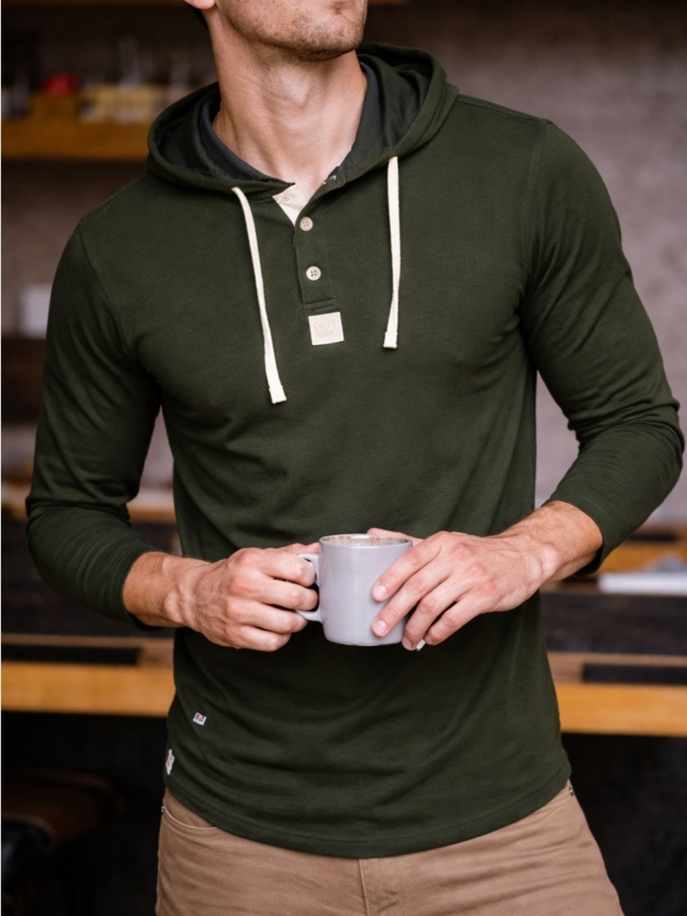 BYLT LUX Hooded Henley Olive Green Drop Cut
Long Sleeve Medium